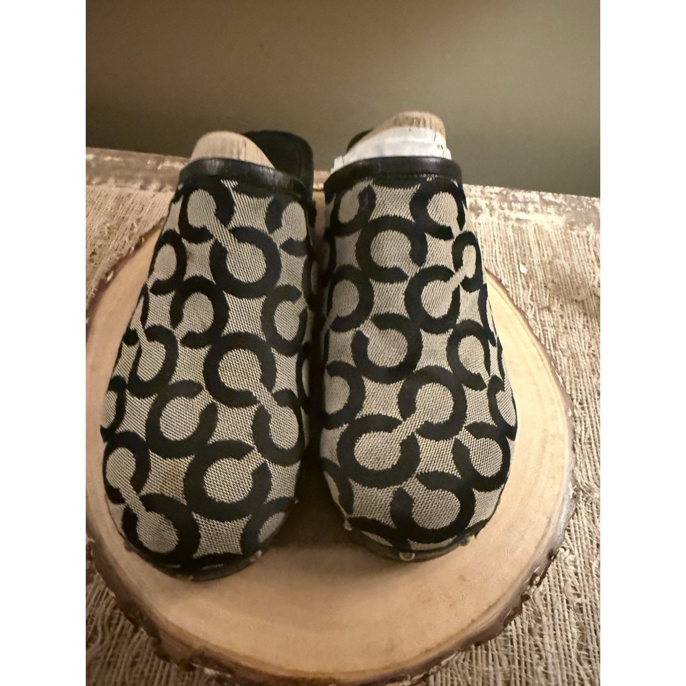 Vintage Coach Joy Black Signature Canvas Slip On Clog Mules Leather Trim Sz-7
